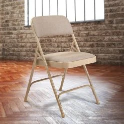 National Public Seating 2201 Beige Metal Folding Chair With 1 1/4" Cafe Beige Fabric Padded Seat