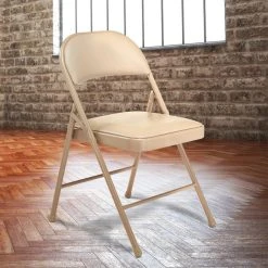 National Public Seating 951 Commercialine Beige Metal Folding Chair With Beige Padded Vinyl Seat
