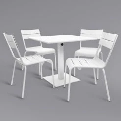 BFM Seating Beachcomber 32" Square White Powder Coated Aluminum Dining Height Outdoor / Indoor Table With Umbrella Hole And 4 Chairs