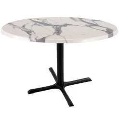 Holland Bar Stool OD211-3030BWOD36RWM 36" Round White Marble Laminate Outdoor / Indoor Standard Height Table With Cross Base