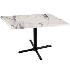 Holland Bar Stool OD211-3030BWOD36SQWM 36" Square White Marble Laminate Outdoor / Indoor Standard Height Table With Cross Base
