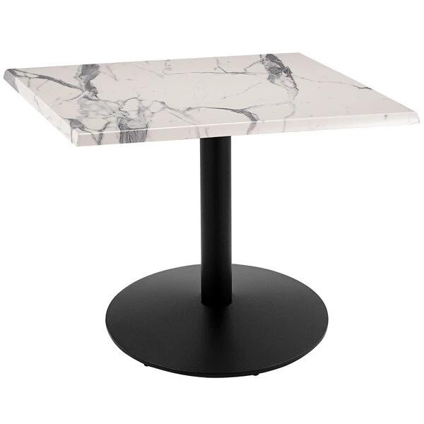 Holland Bar Stool OD214-2230BWOD30SQWM 30" Square White Marble Laminate Outdoor / Indoor Standard Height Table With Round Base 1 Holland Bar Stool OD214-2230BWOD30SQWM 30" Square White Marble Laminate Outdoor / Indoor Standard Height Table With Round Base