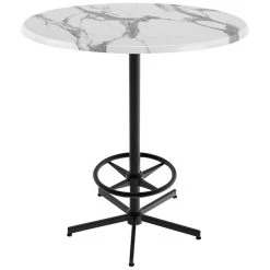 Holland Bar Stool OD21642BWOD36RWM 36" Round White Marble Laminate Outdoor / Indoor Bar Height Table With Foot Rest Base