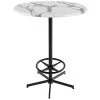 Holland Bar Stool OD21642BWOD30RWM 30" Round White Marble Laminate Outdoor / Indoor Bar Height Table With Foot Rest Base