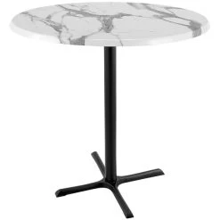 Holland Bar Stool OD211-3042BWOD36RWM 36" Round White Marble Laminate Outdoor / Indoor Bar Height Table With Cross Base
