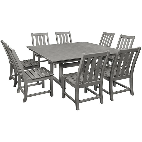 POLYWOOD Vineyard 9-Piece Slate Grey Dining Set With Farmhouse Trestle Table 1 POLYWOOD Vineyard 9-Piece Slate Grey Dining Set With Farmhouse Trestle Table