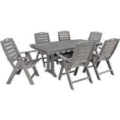 POLYWOOD Nautical 7-Piece Slate Grey Dining Set With 6 Folding Chairs And Nautical Trestle Table