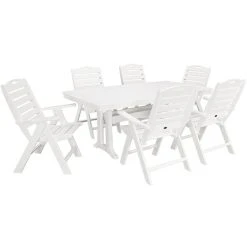 POLYWOOD Nautical 7-Piece White Dining Set With 6 Folding Chairs And Nautical Trestle Table