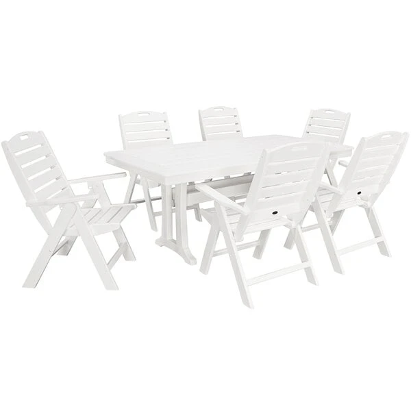 POLYWOOD Nautical 7-Piece White Dining Set With 6 Folding Chairs And Nautical Trestle Table 1 POLYWOOD Nautical 7-Piece White Dining Set With 6 Folding Chairs And Nautical Trestle Table