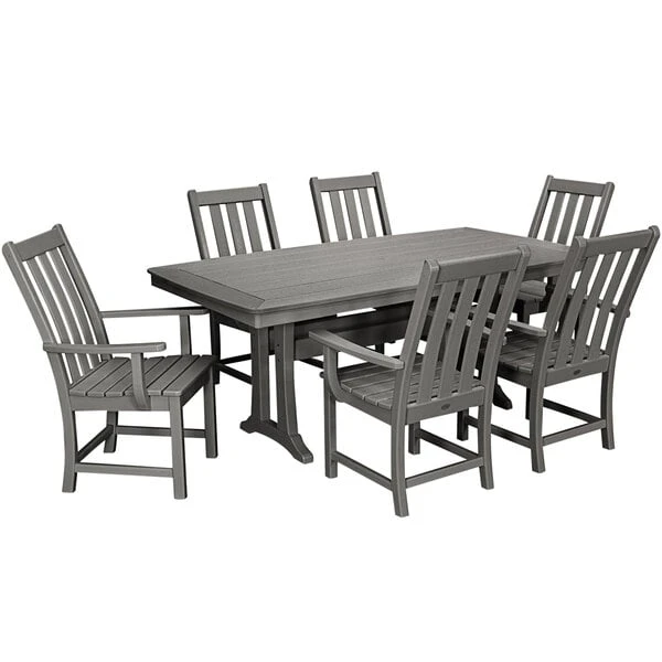 POLYWOOD Vineyard 7-Piece Slate Grey Dining Set With Nautical Trestle Table And 6 Arm Chairs 1 POLYWOOD Vineyard 7-Piece Slate Grey Dining Set With Nautical Trestle Table And 6 Arm Chairs