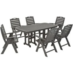 POLYWOOD Nautical 7-Piece Slate Grey Dining Set With 6 Folding Chairs