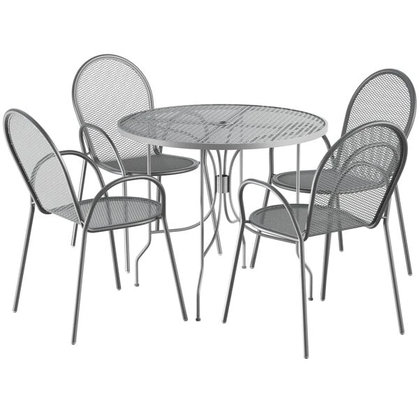 Lancaster Table & Seating Harbor Gray 36" Round Outdoor Standard Height Table With Ornate Legs And 4 Arm Chairs 2 Lancaster Table & Seating Harbor Gray 36" Round Outdoor Standard Height Table With Ornate Legs And 4 Arm Chairs - Image 2