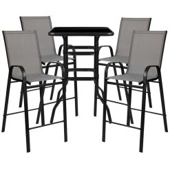 Flash Furniture TLH-073H092H4-GR-GG 27 1/2" X 27 1/2" X 39 1/2" Outdoor Glass Bar Table Set With 4 Gray Chairs