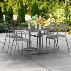 Lancaster Table & Seating 32" X 48" Matte Gray Powder-Coated Aluminum Dining Height Outdoor Table With Umbrella Hole And 4 Arm Chairs