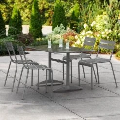 Lancaster Table & Seating 32" X 48" Matte Gray Powder-Coated Aluminum Dining Height Outdoor Table With Umbrella Hole And 4 Side Chairs