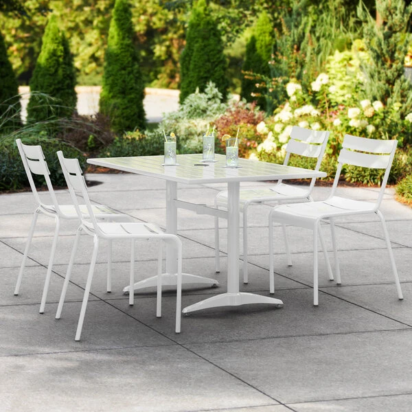 Lancaster Table & Seating 32" X 48" White Powder-Coated Aluminum Dining Height Outdoor Table With Umbrella Hole And 4 Side Chairs 1 Lancaster Table & Seating 32" X 48" White Powder-Coated Aluminum Dining Height Outdoor Table With Umbrella Hole And 4 Side Chairs