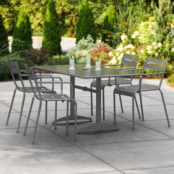 Lancaster Table & Seating 32" X 60" Matte Gray Powder-Coated Aluminum Dining Height Outdoor Table With Umbrella Hole And 4 Arm Chairs 1 Lancaster Table & Seating 32" X 60" Matte Gray Powder-Coated Aluminum Dining Height Outdoor Table With Umbrella Hole And 4 Arm Chairs