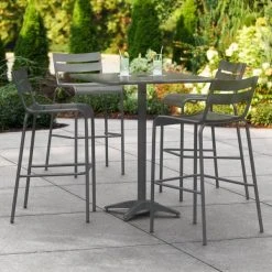 Lancaster Table & Seating 32" X 32" Matte Gray Powder-Coated Aluminum Bar Height Outdoor Table With Umbrella Hole And 4 Barstools