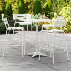 Lancaster Table & Seating 32" X 32" White Powder-Coated Aluminum Bar Height Outdoor Table With Umbrella Hole And 4 Barstools