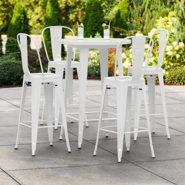 LT&S Alloy Series Lancaster Table & Seating Alloy Series 30" Round White Outdoor Bar Height Table With 4 Metal Cafe Bar Stools 1 LT&S Alloy Series Lancaster Table & Seating Alloy Series 30" Round White Outdoor Bar Height Table With 4 Metal Cafe Bar Stools