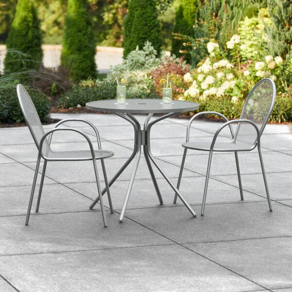 Lancaster Table & Seating Harbor Gray 30" Round Outdoor Standard Height Table With Modern Legs And 2 Arm Chairs 1 Lancaster Table & Seating Harbor Gray 30" Round Outdoor Standard Height Table With Modern Legs And 2 Arm Chairs