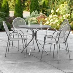 Lancaster Table & Seating Harbor Gray 36" Round Outdoor Standard Height Table With Modern Legs And 4 Arm Chairs