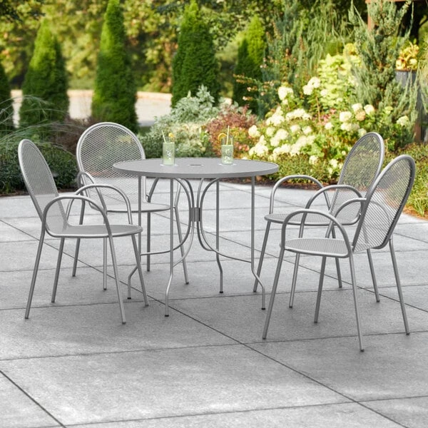 Lancaster Table & Seating Harbor Gray 36" Round Outdoor Standard Height Table With Ornate Legs And 4 Arm Chairs 1 Lancaster Table & Seating Harbor Gray 36" Round Outdoor Standard Height Table With Ornate Legs And 4 Arm Chairs