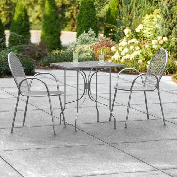 Lancaster Table & Seating Harbor Gray 24" X 30" Rectangular Outdoor Standard Height Table With Ornate Legs And 2 Arm Chairs 1 Lancaster Table & Seating Harbor Gray 24" X 30" Rectangular Outdoor Standard Height Table With Ornate Legs And 2 Arm Chairs