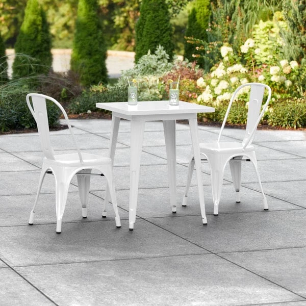LT&S Alloy Series Lancaster Table & Seating Alloy Series 24" X 24" Square White Dining Height Outdoor Table With 2 Industrial Cafe Chairs 1 LT&S Alloy Series Lancaster Table & Seating Alloy Series 24" X 24" Square White Dining Height Outdoor Table With 2 Industrial Cafe Chairs