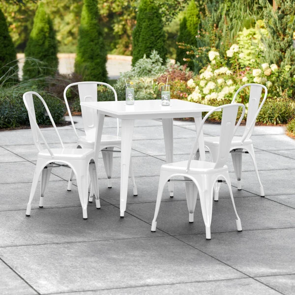 LT&S Alloy Series Lancaster Table & Seating Alloy Series 32" X 32" Square White Dining Height Outdoor Table With 4 Industrial Cafe Chairs 1 LT&S Alloy Series Lancaster Table & Seating Alloy Series 32" X 32" Square White Dining Height Outdoor Table With 4 Industrial Cafe Chairs