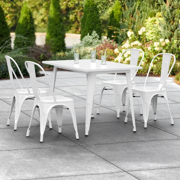 LT&S Alloy Series Lancaster Table & Seating Alloy Series 48" X 30" Rectangle White Dining Height Outdoor Table With 4 Industrial Cafe Chairs 1 LT&S Alloy Series Lancaster Table & Seating Alloy Series 48" X 30" Rectangle White Dining Height Outdoor Table With 4 Industrial Cafe Chairs