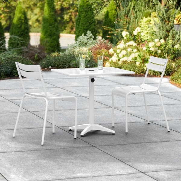 Lancaster Table & Seating 24" X 32" White Powder-Coated Aluminum Dining Height Outdoor Table With Umbrella Hole And 2 Side Chairs 1 Lancaster Table & Seating 24" X 32" White Powder-Coated Aluminum Dining Height Outdoor Table With Umbrella Hole And 2 Side Chairs