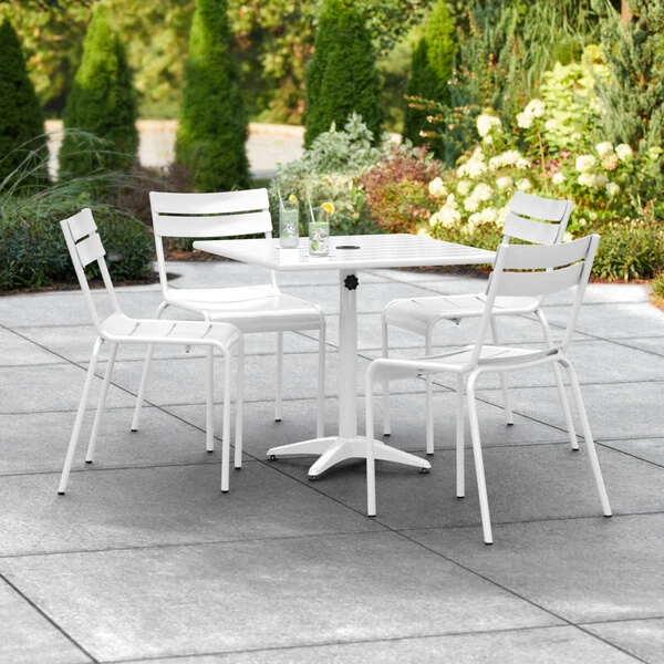 Lancaster Table & Seating 32" X 32" White Powder-Coated Aluminum Dining Height Outdoor Table With Umbrella Hole And 4 Side Chairs 1 Lancaster Table & Seating 32" X 32" White Powder-Coated Aluminum Dining Height Outdoor Table With Umbrella Hole And 4 Side Chairs