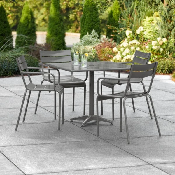 Lancaster Table & Seating 36" X 36" Matte Gray Powder-Coated Aluminum Dining Height Outdoor Table With Umbrella Hole And 4 Arm Chairs 1 Lancaster Table & Seating 36" X 36" Matte Gray Powder-Coated Aluminum Dining Height Outdoor Table With Umbrella Hole And 4 Arm Chairs