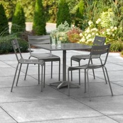 Lancaster Table & Seating 36" X 36" Matte Gray Powder-Coated Aluminum Dining Height Outdoor Table With Umbrella Hole And 4 Side Chairs