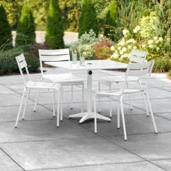 Lancaster Table & Seating 36" X 36" White Powder-Coated Aluminum Dining Height Outdoor Table With Umbrella Hole And 4 Side Chairs