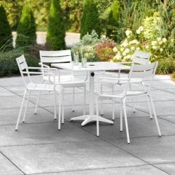 Lancaster Table & Seating 32" X 32" White Powder-Coated Aluminum Dining Height Outdoor Table With Umbrella Hole And 4 Arm Chairs