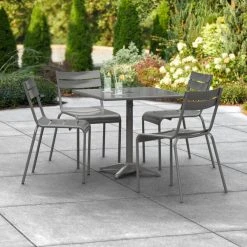 Lancaster Table & Seating 32" X 32" Matte Gray Powder-Coated Aluminum Dining Height Outdoor Table With Umbrella Hole And 4 Side Chairs