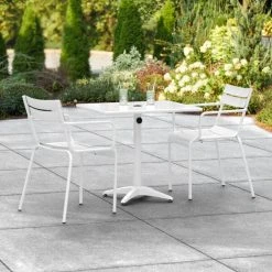 Lancaster Table & Seating 24" X 32" White Powder-Coated Aluminum Dining Height Outdoor Table With Umbrella Hole And 2 Arm Chairs