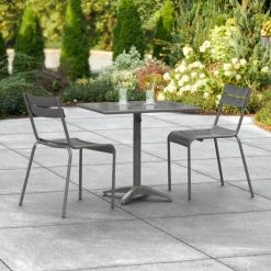 Lancaster Table & Seating 24" X 32" Matte Gray Powder-Coated Aluminum Dining Height Outdoor Table With Umbrella Hole And 2 Side Chairs