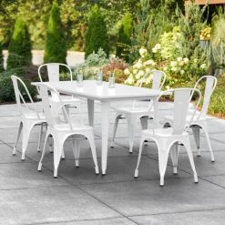 LT&S Alloy Series Lancaster Table & Seating Alloy Series 63" X 32" Rectangle White Dining Height Outdoor Table With 6 Industrial Cafe Chairs