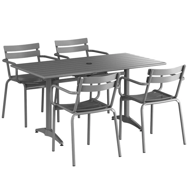 Lancaster Table & Seating 32" X 60" Matte Gray Powder-Coated Aluminum Dining Height Outdoor Table With Umbrella Hole And 4 Arm Chairs 2 Lancaster Table & Seating 32" X 60" Matte Gray Powder-Coated Aluminum Dining Height Outdoor Table With Umbrella Hole And 4 Arm Chairs - Image 2