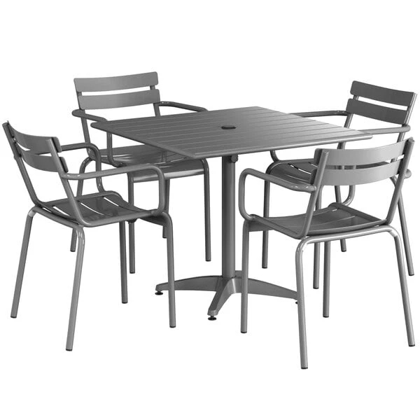 Lancaster Table & Seating 36" X 36" Matte Gray Powder-Coated Aluminum Dining Height Outdoor Table With Umbrella Hole And 4 Arm Chairs 2 Lancaster Table & Seating 36" X 36" Matte Gray Powder-Coated Aluminum Dining Height Outdoor Table With Umbrella Hole And 4 Arm Chairs - Image 2