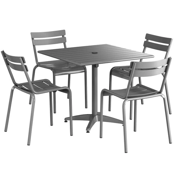 Lancaster Table & Seating 36" X 36" Matte Gray Powder-Coated Aluminum Dining Height Outdoor Table With Umbrella Hole And 4 Side Chairs 2 Lancaster Table & Seating 36" X 36" Matte Gray Powder-Coated Aluminum Dining Height Outdoor Table With Umbrella Hole And 4 Side Chairs - Image 2
