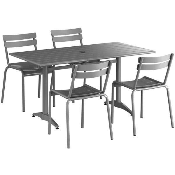 Lancaster Table & Seating 32" X 60" Matte Gray Powder-Coated Aluminum Dining Height Outdoor Table With Umbrella Hole And 4 Side Chairs 2 Lancaster Table & Seating 32" X 60" Matte Gray Powder-Coated Aluminum Dining Height Outdoor Table With Umbrella Hole And 4 Side Chairs - Image 2
