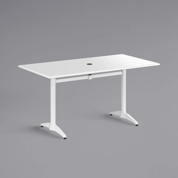 Lancaster Table & Seating 32" X 60" White Powder-Coated Aluminum Dining Height Outdoor Table With Umbrella Hole 2 Lancaster Table & Seating 32" X 60" White Powder-Coated Aluminum Dining Height Outdoor Table With Umbrella Hole - Image 2