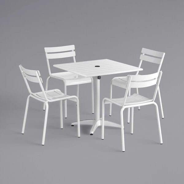 Lancaster Table & Seating 32" X 32" White Powder-Coated Aluminum Dining Height Outdoor Table With Umbrella Hole And 4 Side Chairs 2 Lancaster Table & Seating 32" X 32" White Powder-Coated Aluminum Dining Height Outdoor Table With Umbrella Hole And 4 Side Chairs - Image 2