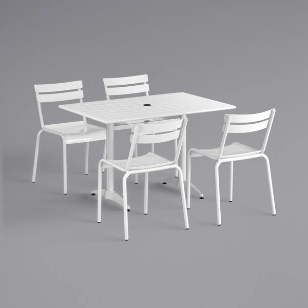 Lancaster Table & Seating 32" X 48" White Powder-Coated Aluminum Dining Height Outdoor Table With Umbrella Hole And 4 Side Chairs 2 Lancaster Table & Seating 32" X 48" White Powder-Coated Aluminum Dining Height Outdoor Table With Umbrella Hole And 4 Side Chairs - Image 2