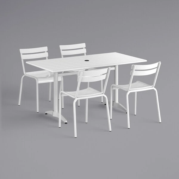 Lancaster Table & Seating 32" X 60" White Powder-Coated Aluminum Dining Height Outdoor Table With Umbrella Hole And 4 Side Chairs 2 Lancaster Table & Seating 32" X 60" White Powder-Coated Aluminum Dining Height Outdoor Table With Umbrella Hole And 4 Side Chairs - Image 2