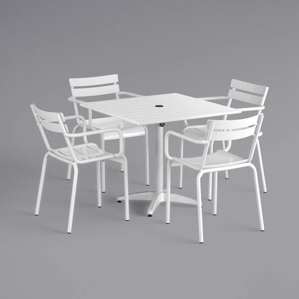 Lancaster Table & Seating 36" X 36" White Powder-Coated Aluminum Dining Height Outdoor Table With Umbrella Hole And 4 Arm Chairs 2 Lancaster Table & Seating 36" X 36" White Powder-Coated Aluminum Dining Height Outdoor Table With Umbrella Hole And 4 Arm Chairs - Image 2